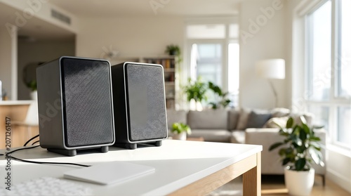 Modern desktop computer speakers placed on a white table in a bright room