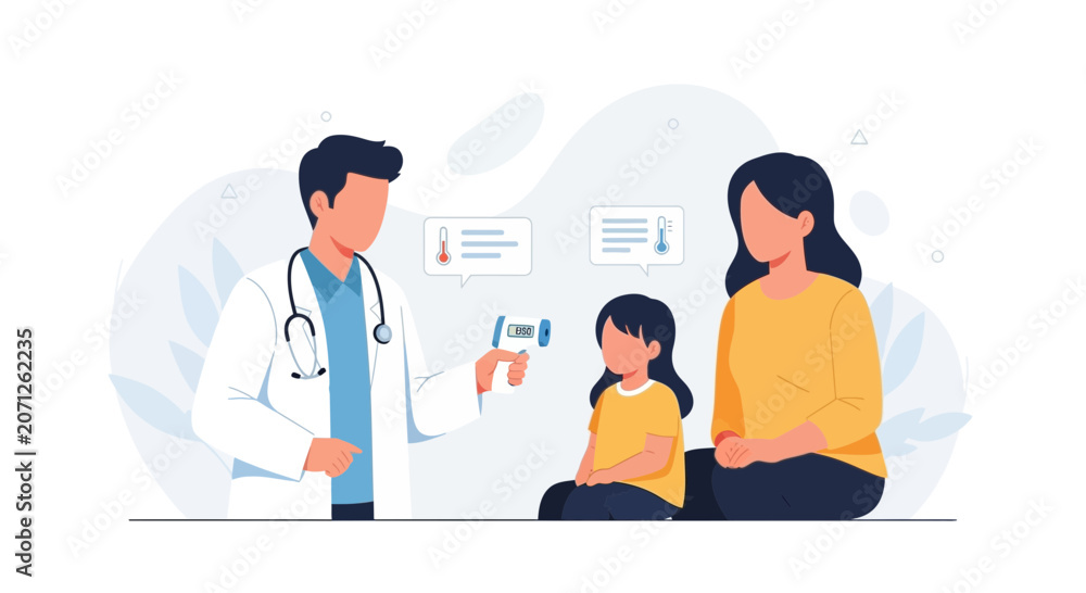 Fototapeta premium Doctor Checks Child's Temperature with Infrared Thermometer, Mother Present - Healthcare Illustration