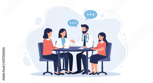 Doctor consulting with patients in a modern, flat illustration style, conveying communication and healthcare.