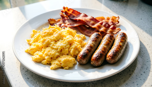 Delicious and warm morning breakfast meal in bright sunlight, perfect for morning routine or healthy protein diet concepts. Hearty breakfast plate with fluffy scrambled eggs, crispy bacon strips, meat