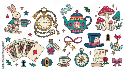 Alice in Wonderland Elements: Rabbit, Teapot, Clock, Cards, Mushrooms, Keys