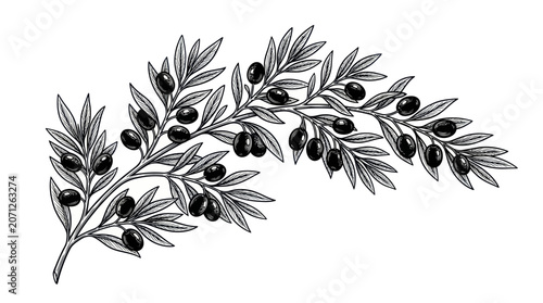 Fotografía Olive Branch with Black Olives, Hand-Drawn Sketch, Vintage Botanical Illustratio