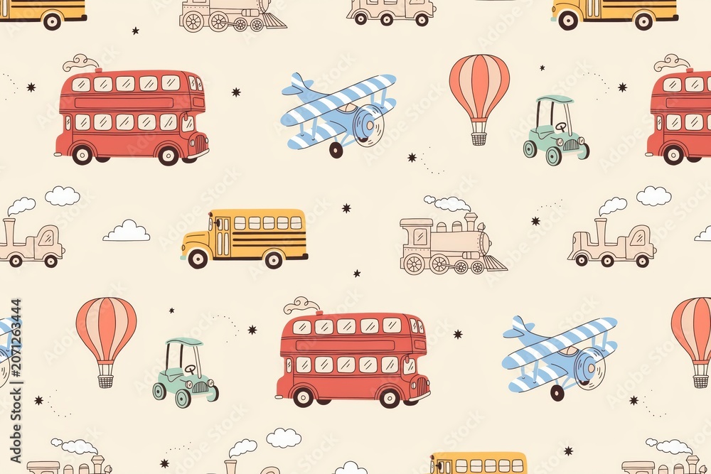 Naklejka premium Seamless pattern with hand drawn vintage style vehicles including red double decker buses, yellow school buses, airplanes, and trains on cream