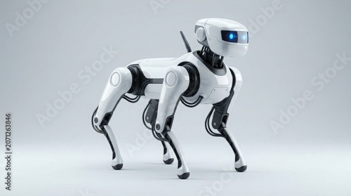 White robotic dog with glowing blue eyes