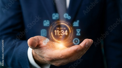 Businessman holding glowing digital icons, futuristic technology interface, smart business concept, innovation and communication