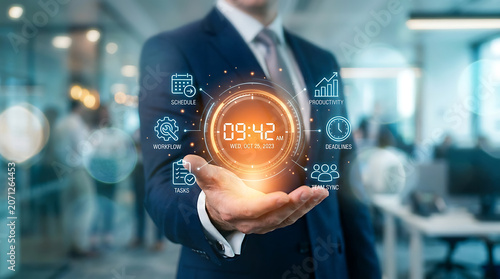 Businessman, technology, futuristic interface, digital clock, office background