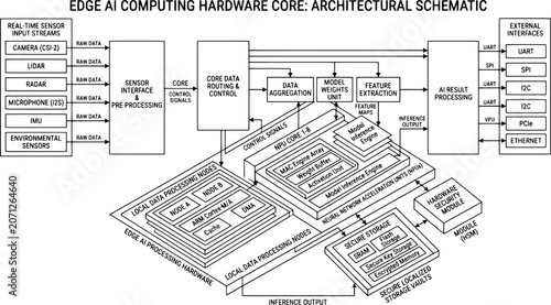 Isolated Black Line Art Edge AI Hardware Core Schematic Blueprint, 