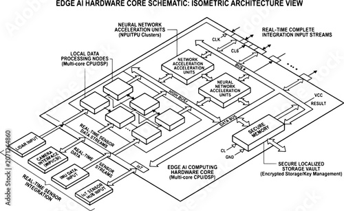 Minimalist ISOMETRIC Edge AI Data Processing Node System Map Graphic, 