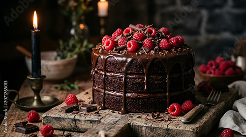 Moist chocolate cake with raspberries, chocolate drizzle, dessert table setting