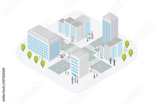 Isometric illustration of a modern city cityscape with buildings, roads, and people
