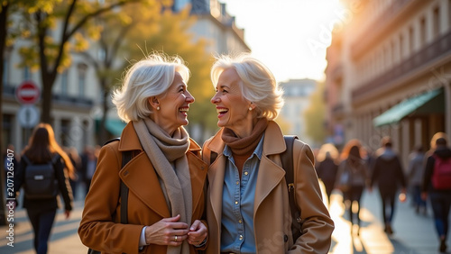 Mature female adults friends iteration bonding and having fun while shopping outdoors ar Beautiful senior
