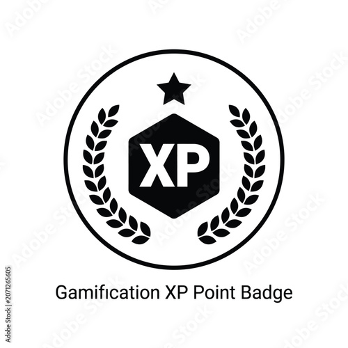 Gamification xp point badge a black and white vector illustration with laurel wreath elements badge experience points system leveling