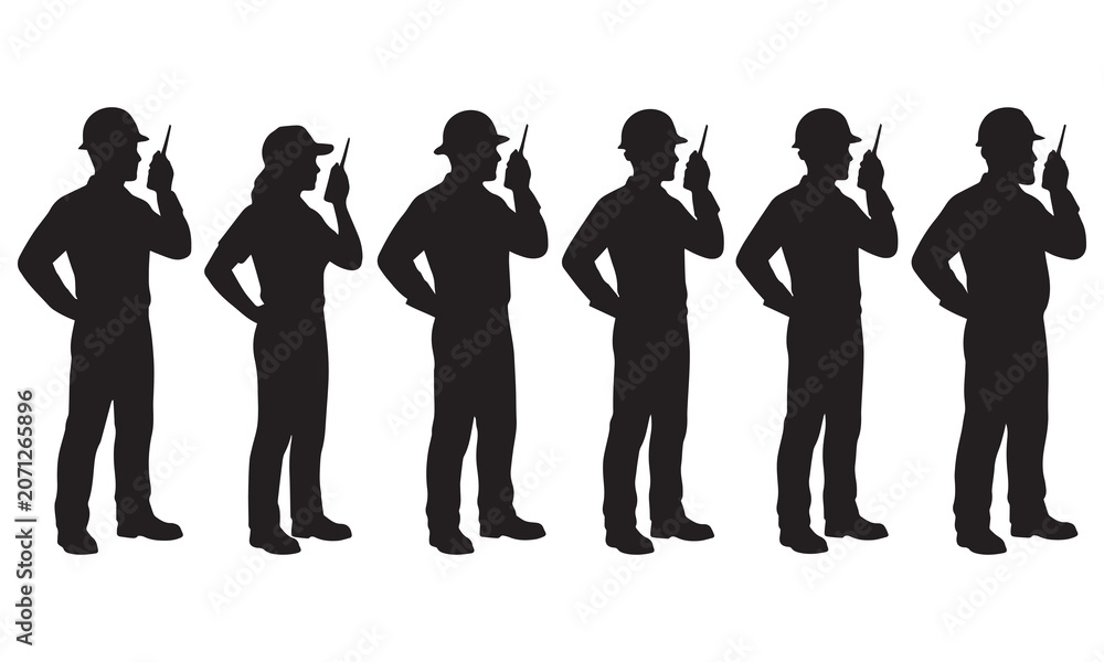 Obraz premium Set of black silhouettes of construction workers holding walkie talkies on white background.