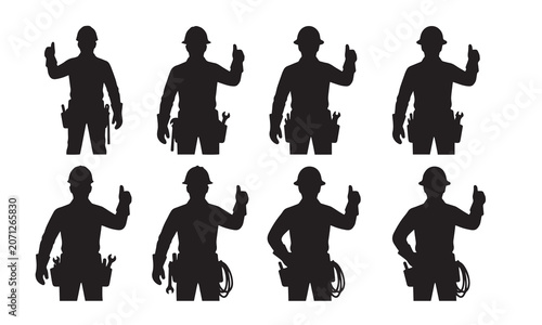 Collection of construction worker silhouettes showing thumbs up gesture for success and approval