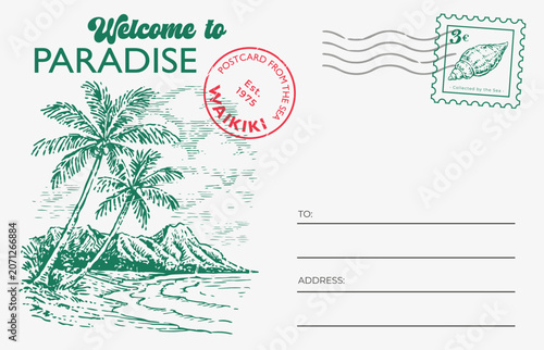 Bild auf Leinwand Vintage retro postcard template with tropical palm beach landscape, Waikiki Hawaii stamp and sea shell