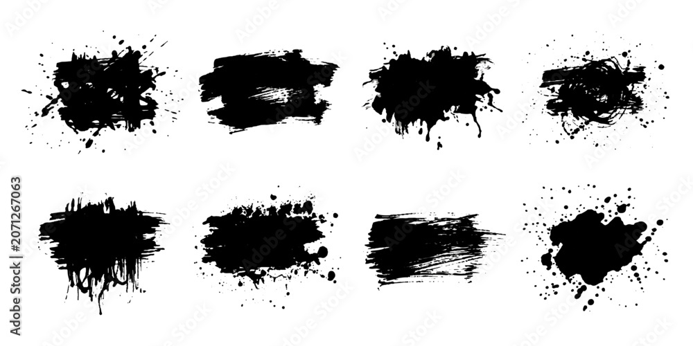Fototapeta premium Set of eight black ink splatters and brush strokes, rendered with a raw, textured effect, perfect for adding a grunge or distressed aesthetic to graphic designs.