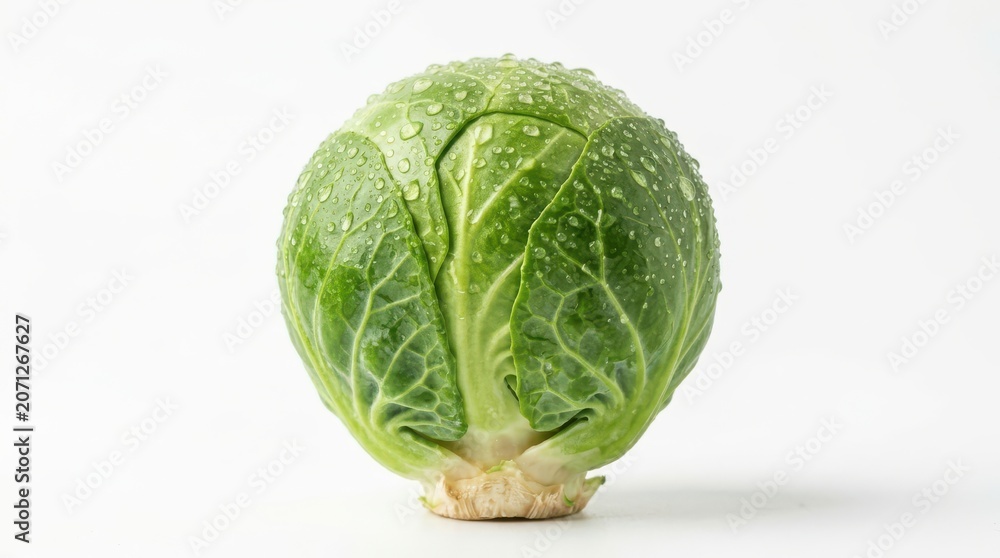 Fototapeta premium Fresh brussels sprout with water droplets, isolated on white background