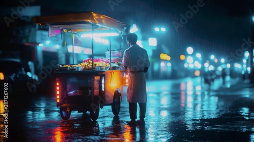 a solitary street food vendor at his cart late at night. The cart is warmly lit, casting a golden glow on the wet pavement