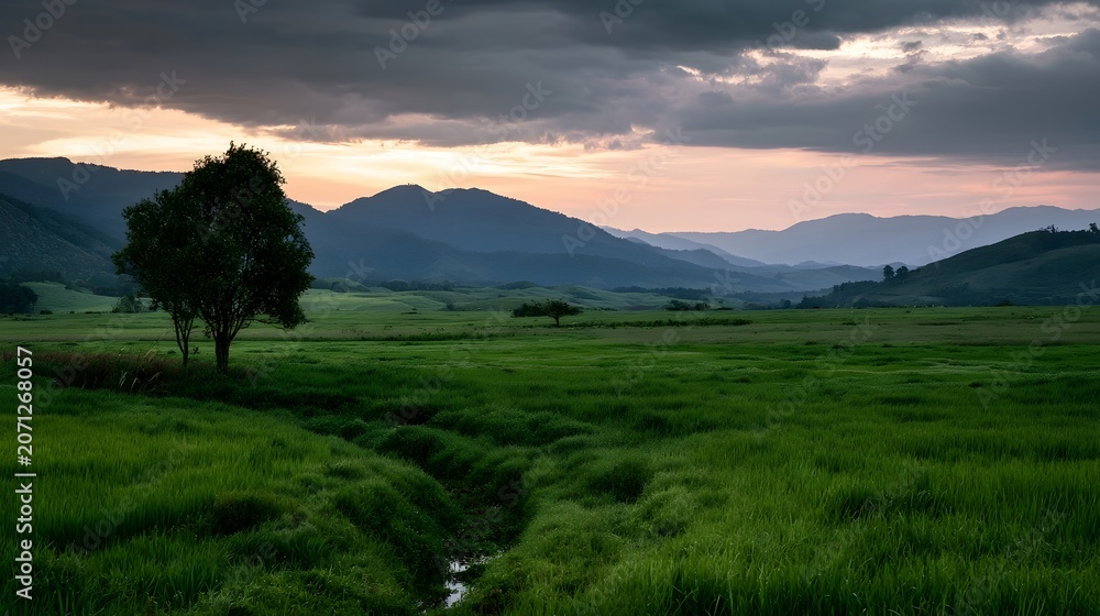 Fototapeta premium A serene and lush countryside landscape bathed in the gentle light of dawn