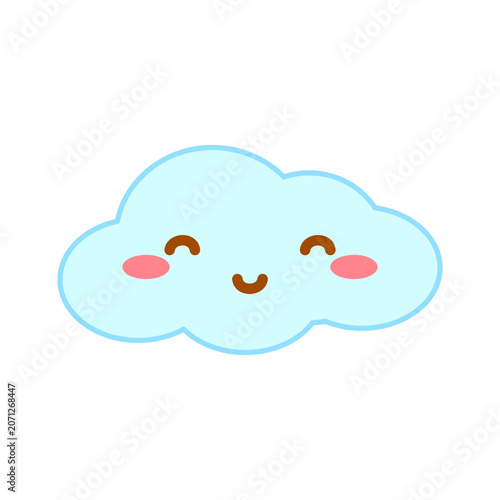 Cute cloud vector illustration, kawaii smiling cloud cartoon character, happy fluffy face icon for kids design