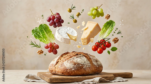 Fresh bread, cheese, fruits, and vegetables floating above, gourmet food ingredients, culinary delights, healthy eating