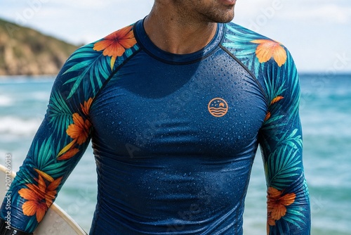 A vibrant surf rashguard on a torso with water droplets beading on the fabric.