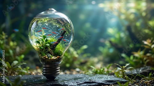 Neon tetra fish swimming inside a glass light bulb aquarium in nature