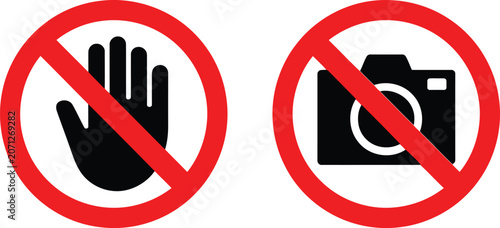 Tableau sur toile Two red circular prohibition signs, one with a hand and one with a camera, isola