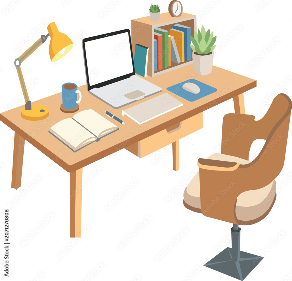 Fototapeta premium Modern Study Workspace Vector Illustration with Desk, Laptop, Bookshelf and Learning Essentials.eps