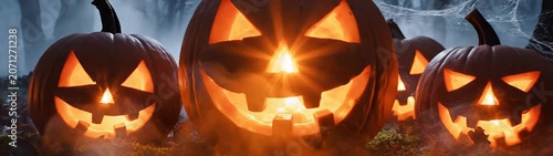 Glowing carved halloween pumpkins creating an eerie atmosphere in a forest surrounded by fallen leaves and dense mist at night.