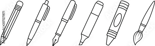Writing and Drawing Tools Line Icons Collection – Pencil Pen Fountain Pen Marker Crayon Paint Brush