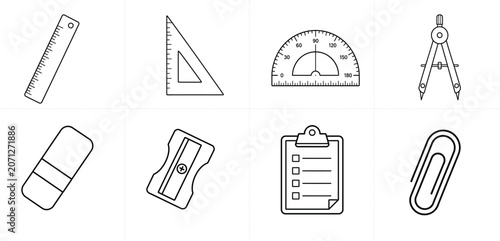 Geometry and Office Supplies Line Icons Collection – Ruler Triangle Ruler Protractor Compass Eraser Sharpener Clipboard Paper Clip