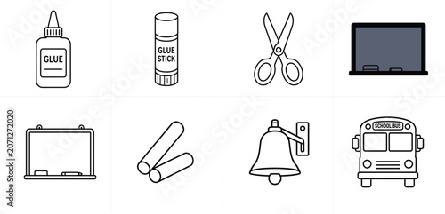 Classroom Supplies Line Icons Collection – Glue Glue Stick Scissors Blackboard Whiteboard Chalk School Bell School Bus