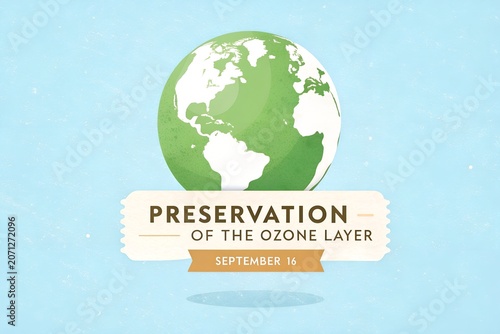 Graphic illustration featuring a green globe with white continents and a banner text commemorating the international day for the preservation of the ozone layer held annually on september sixteenth gl