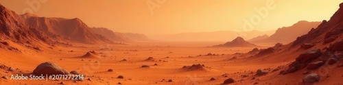 Dusty red Martian terrain, vast cratered expanse, planet, space, high resolution