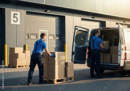 Delivery workers loading cardboard boxes into a transport van