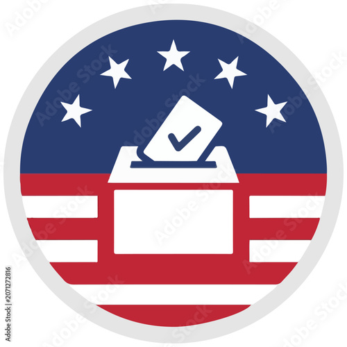 Us election ballot box icon with checkmark and stars on american flag design for voting, election