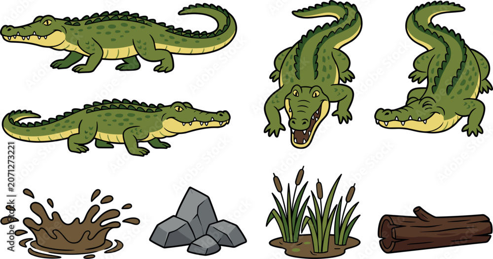Fototapeta premium Green Crocodile Cartoon Character Vector Set Featuring Alligator Poses Mud Splash Rocks Swamp Reeds and Log Elements for Wildlife Education Designs