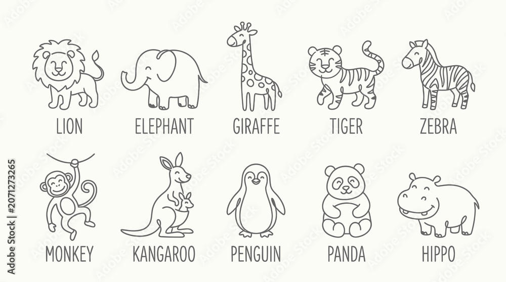 Fototapeta premium Adorable Wild Animal Outline Vector Icons for Kids Coloring