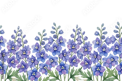 Blue delphinium seamless border background, watercolor larkspur flowers vector illustration, spring botanical lower frame pattern with copy space