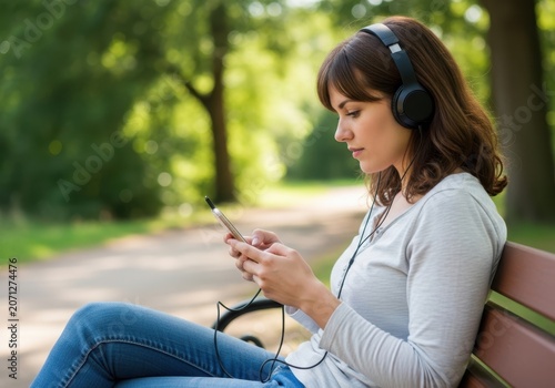 Young woman sitting on a park bench listening to music