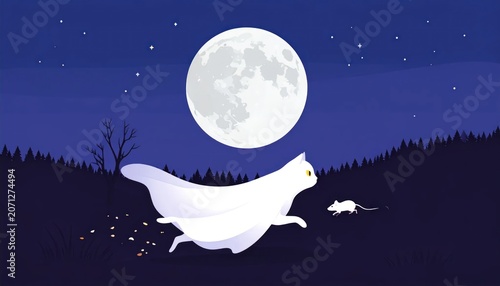 White wolf runs under full moon.