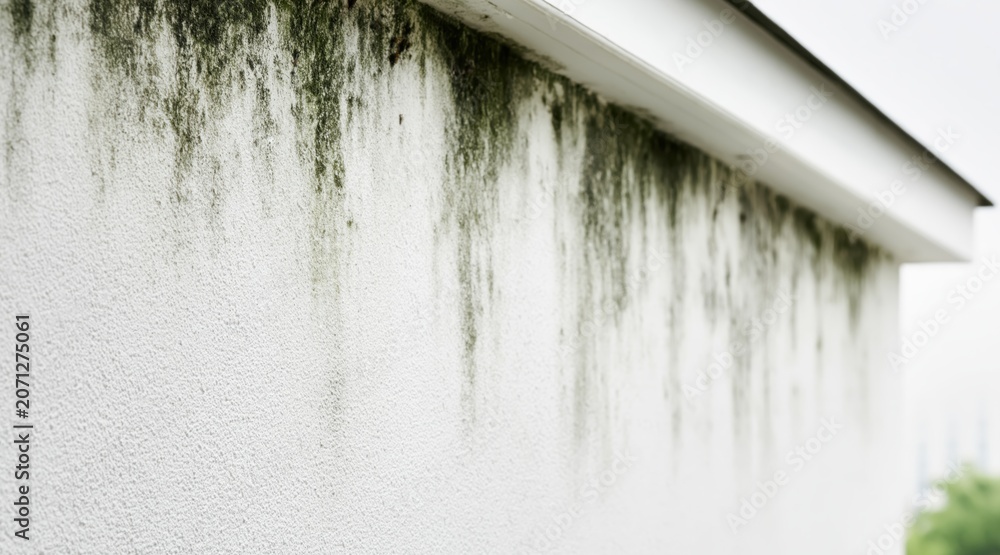 Naklejka premium Algae and mold growing on white stucco wall of residential building