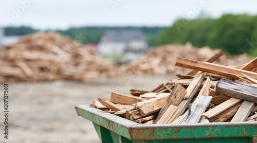 Green metal skip filled with scrap wood pieces at outdoor construction site