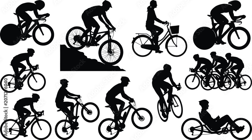 Obraz premium Action bicycle rider silhouettes in dynamic poses during extreme sports performance Vector