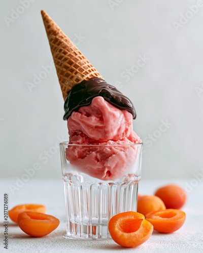 Pink ice cream drips chocolate atop waffle cone. Served in glass, surrounded by halved apricots. Light background enhances dessert's sweet appeal. Ideal for food blogs, cafe ads