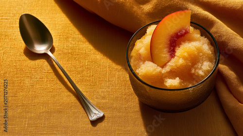 Golden light bathes a glass bowl of peach sorbet. Single peach slice crowns the dessert. Spoon rests beside the bowl, ready for use. The scene radiates warmth and refreshment