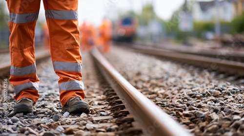 Lower section of worker in orange safety trousers standing on railway tracks