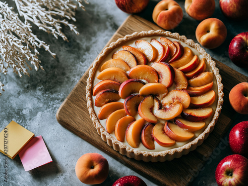 Delicious peach tart rests on wooden board. Fresh peaches surround the pie with natural charm. Soft lighting highlights sweet, juicy fruit slices