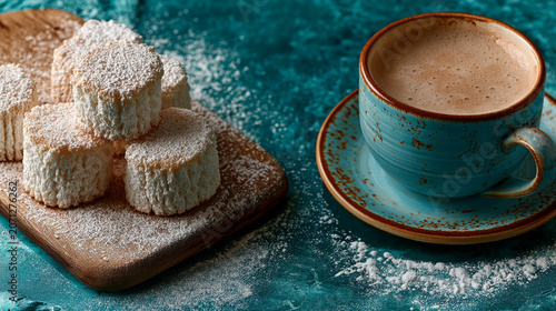 Cozy scene with powdered sugar-coated treats and warm drink. Sugared meringues rest on wooden board beside rustic cup. Cup brims with frothy beverage, set on matching saucer